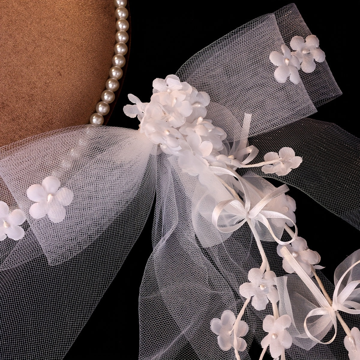 Bowknot Bridal Veil with Floral Accents Soft Tulle Wedding Hair Accessory