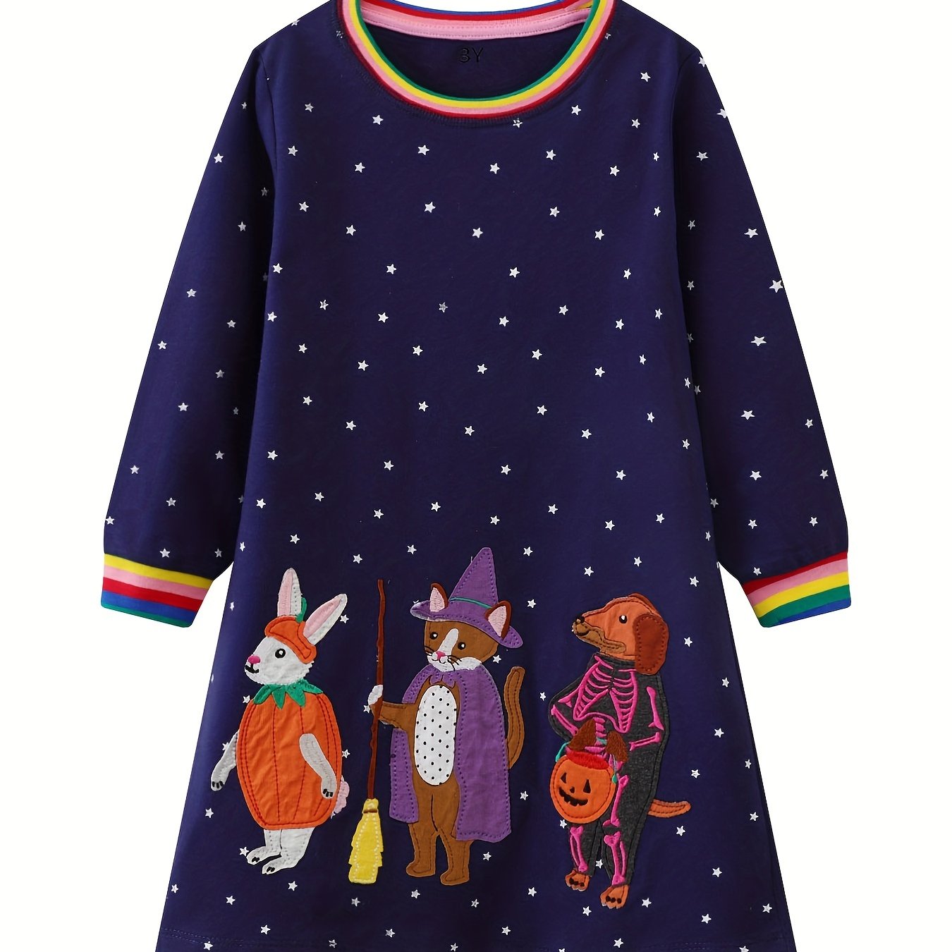 Girls' Pumpkin Animal Embroidered Long Sleeve Shirt Dress