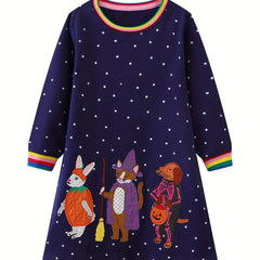 Girls' Pumpkin Animal Embroidered Long Sleeve Shirt Dress