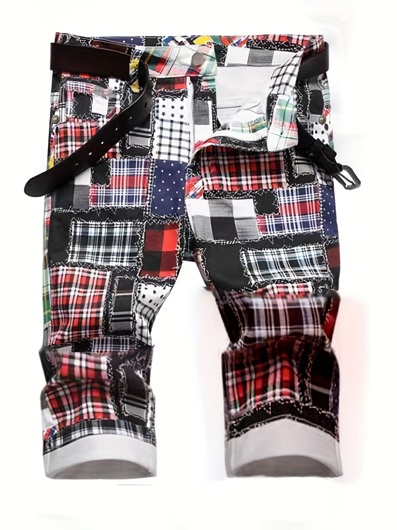 Plaid Pattern Ripped Denim Shorts Men's Street Style Slim Fit Distressed Shorts