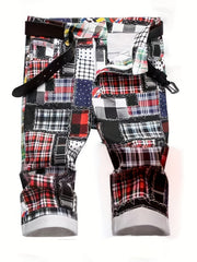 Plaid Pattern Ripped Denim Shorts Men's Street Style Slim Fit Distressed Shorts