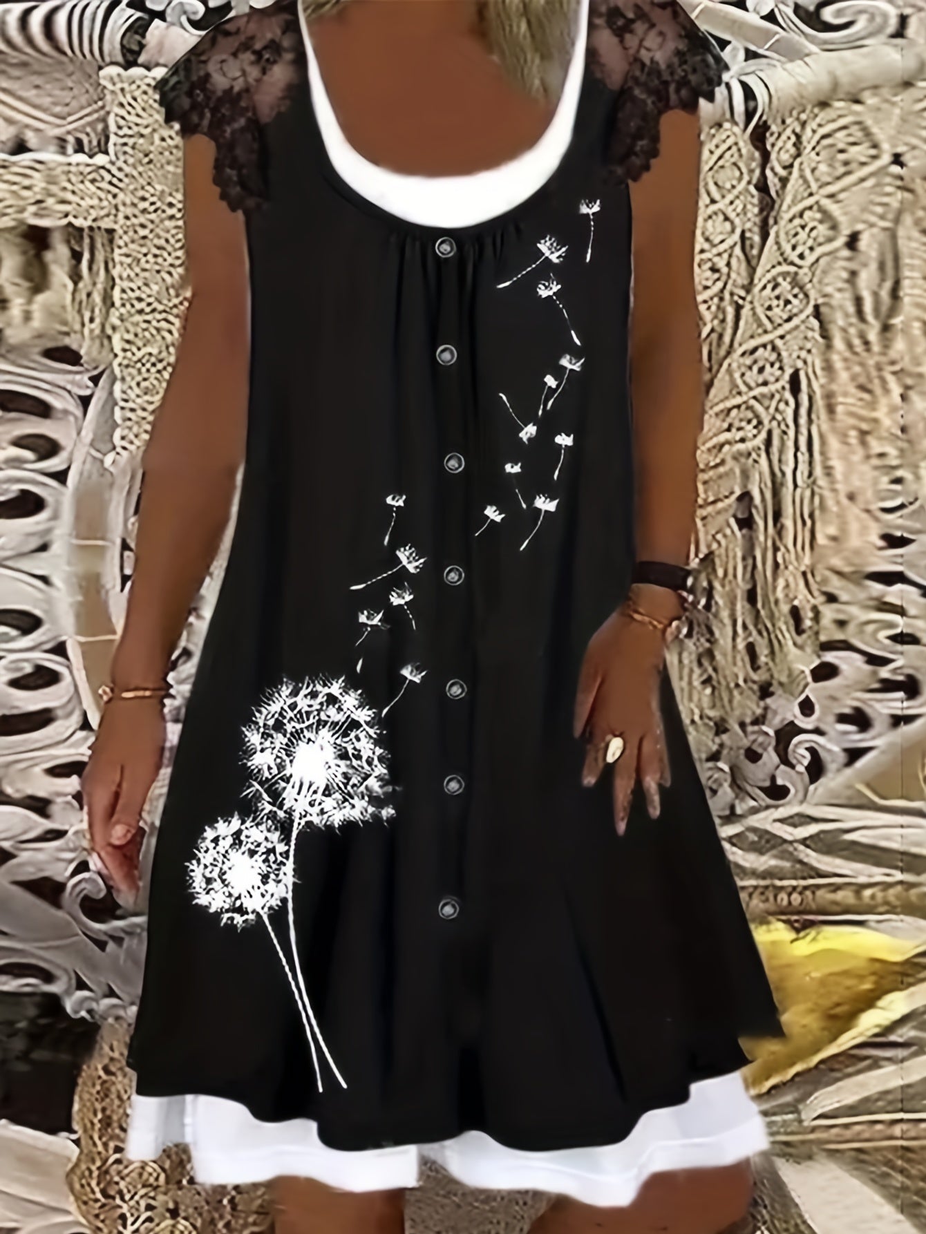 Dandelion Print Lace Button Round Neck Knee Dress