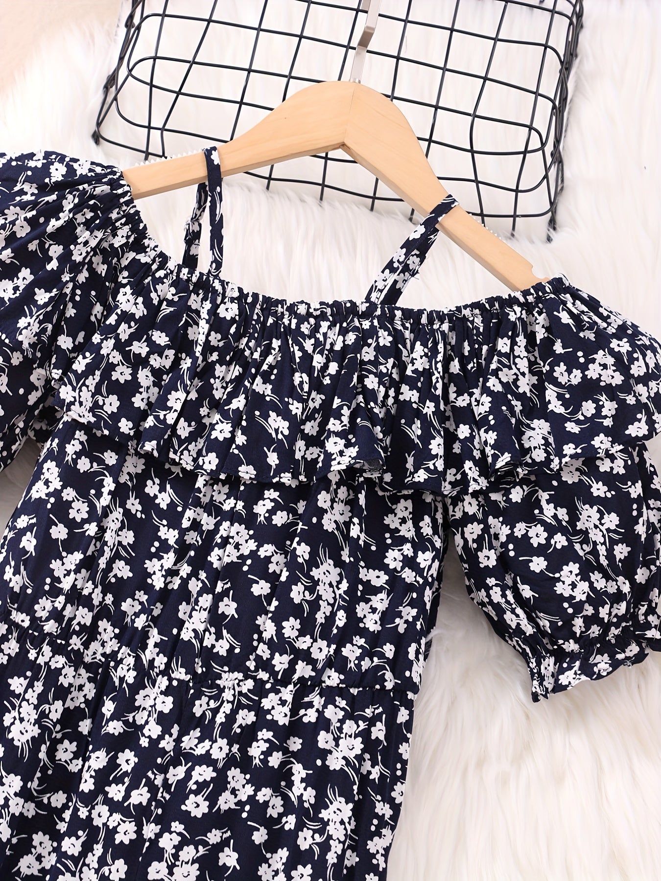 Girls Holiday Style Jumpsuit Ruffles & Flowers Print Short Sleeve Jumpsuits