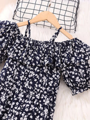 Girls Holiday Style Jumpsuit Ruffles & Flowers Print Short Sleeve Jumpsuits