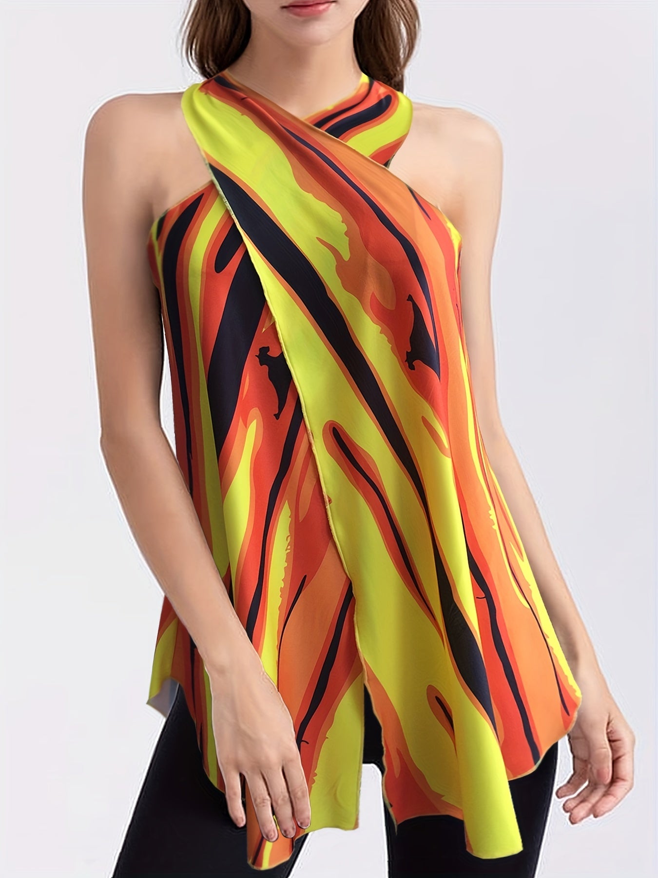 Cross Front Halter Neck Top All Over Print Backless Halter Summer Women's Clothi