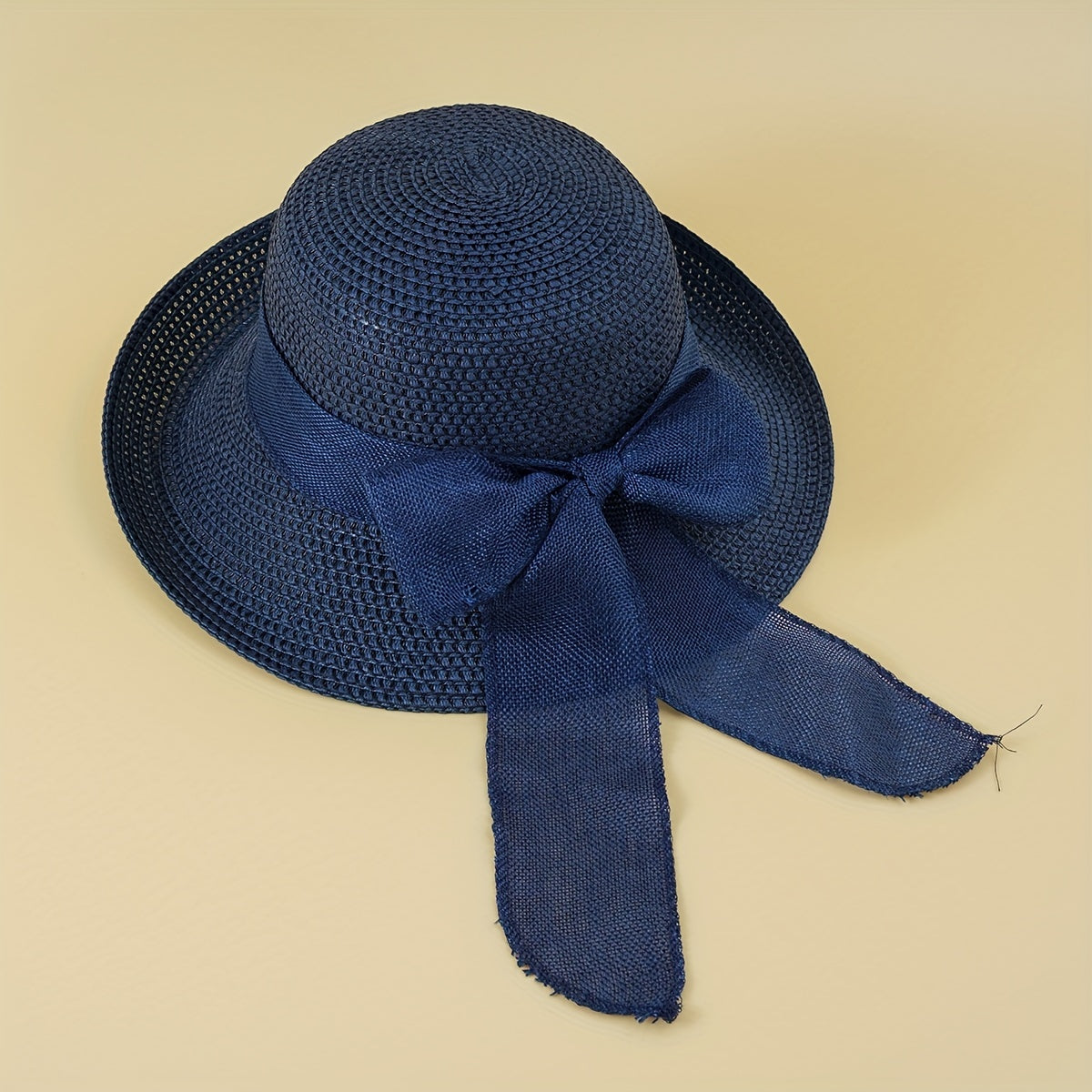 Rolled Brim Crochet Sun Hat Breathable Hollow Straw Hats Bowknot
