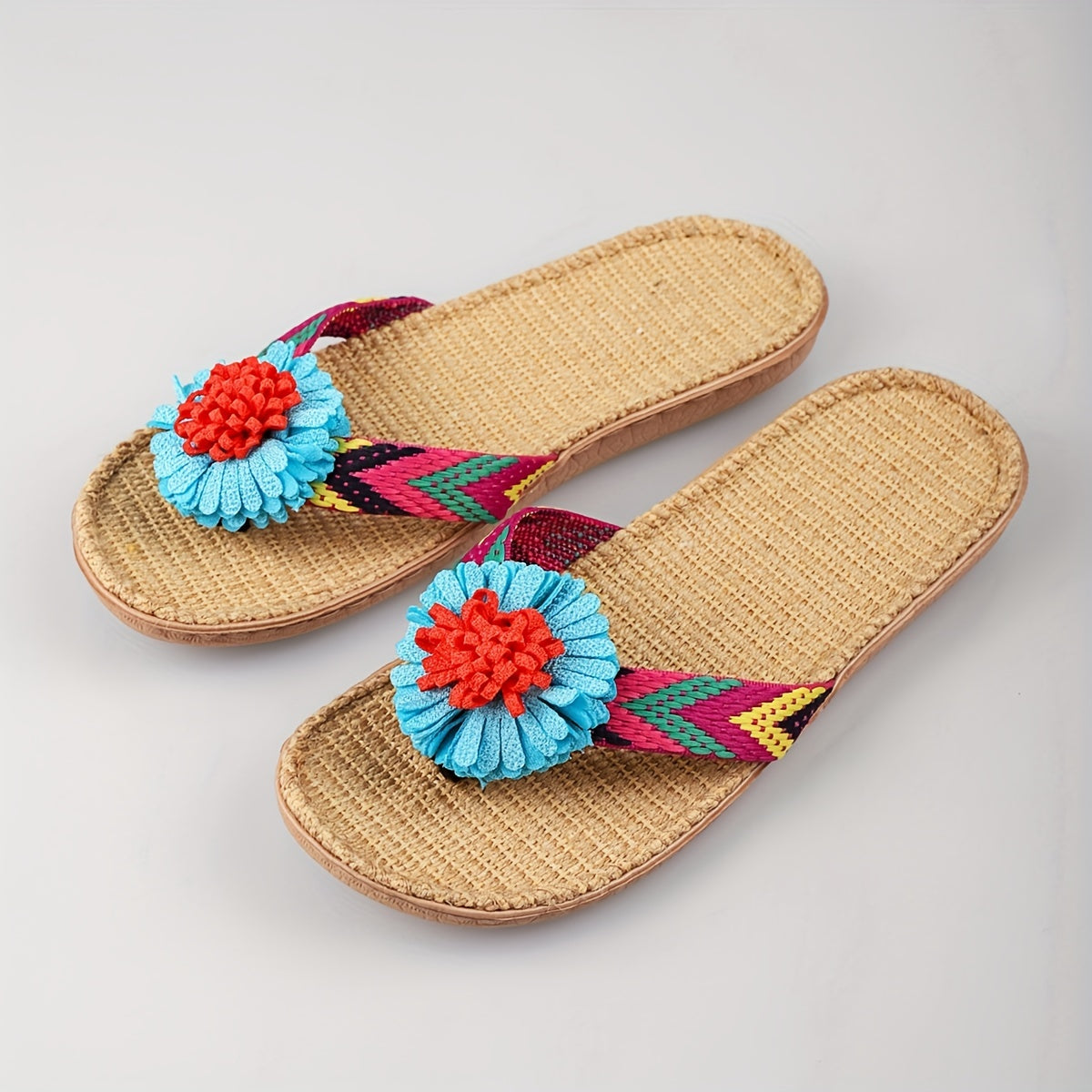 Women's Floral Flat Sandals Slip On Open Toe Linen Sole Home Non slip Slides