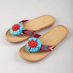 Women's Floral Flat Sandals Slip On Open Toe Linen Sole Home Non slip Slides