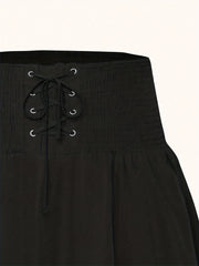 Gothic Skirt Solid Shirred Lace Up High Rise A line Maxi