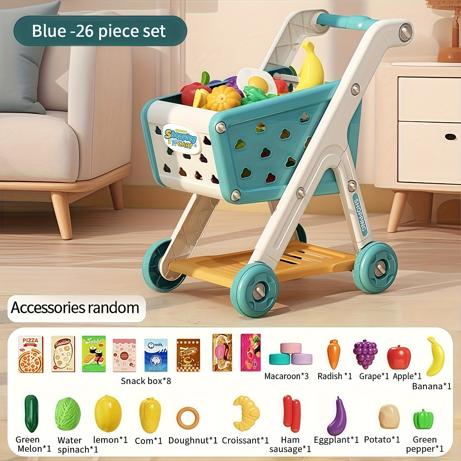 Ephemeral 26pcs Pretend Play Shopping Cart Kitchen Supermarket Cooking Toys
