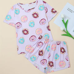 Donut Print Pajamas Set Short Sleeve Crew Neck Top & Shorts