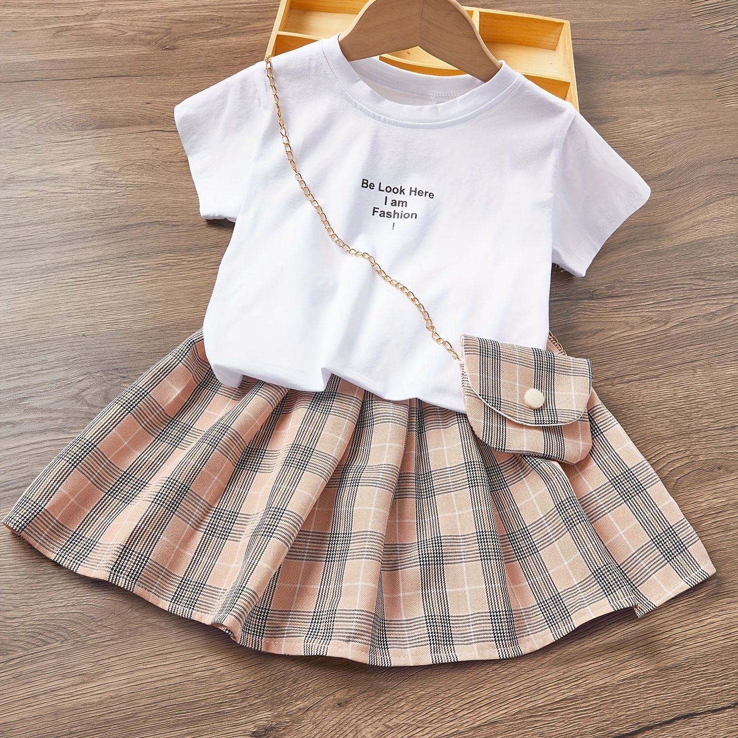 Toddler Girls Top And Plaid Skirt Set With Bag Kids Clothes