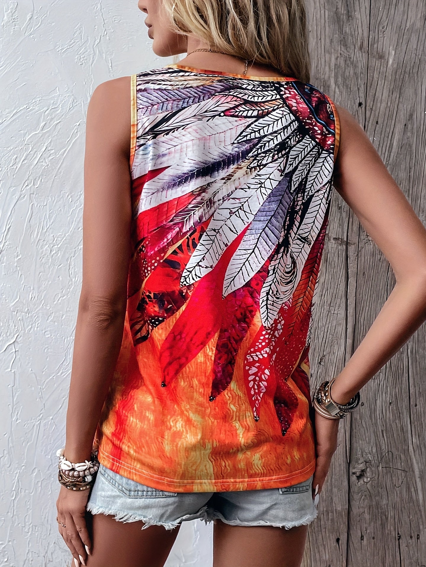 Boho Plant Print V Neck Tank Top Sleeveless Summer Top