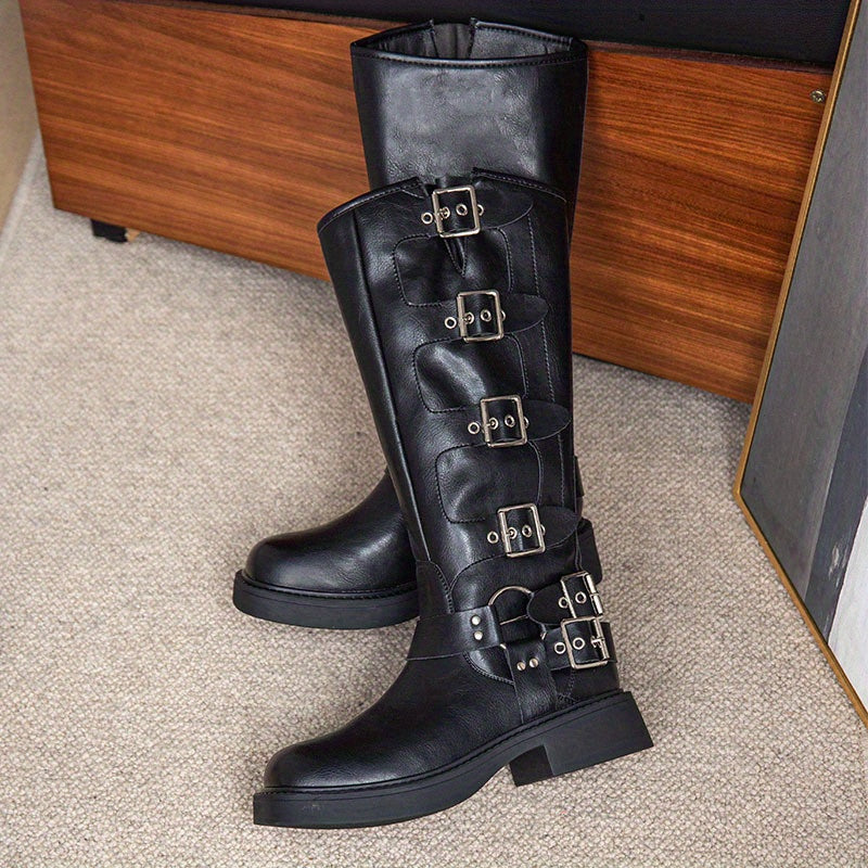 Women's Retro Knee High Buckle Strap Chunky Heeled Boots