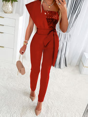 Sequin One Shoulder Jumpsuit Party Tie Waist Slim Jumpsuit