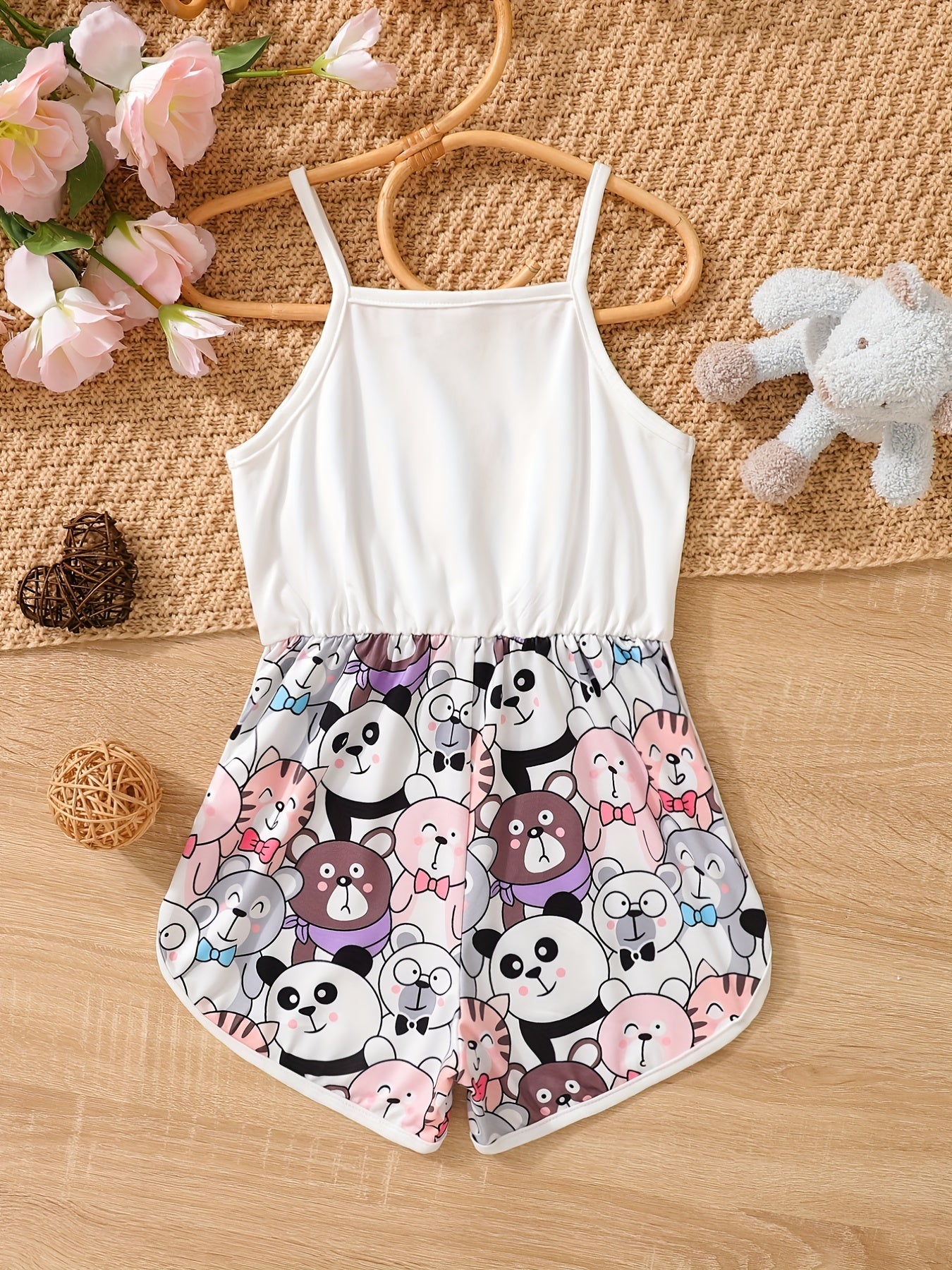 Toddler Girls Cat Graphic Bow Front Cami Romper Summer Clothes