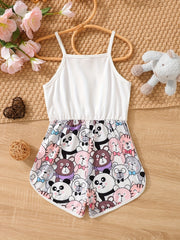 Toddler Girls Cat Graphic Bow Front Cami Romper Summer Clothes