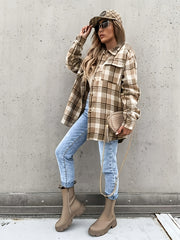 Preppy Button Plaid Drop Shoulder Jacket Casual Long Sleeve