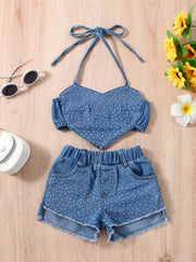 Girls Polka Dot Heart Halter Crop Top & Denim Shorts Set