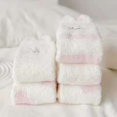 5 Pairs Cartoon Embroidered Fuzzy Socks Women's Stockings