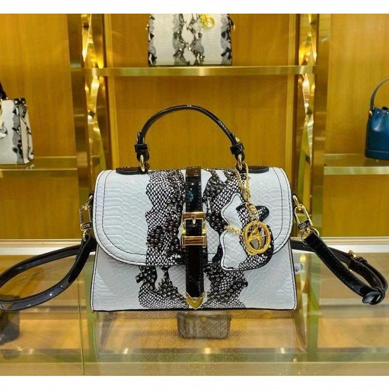 Snake Print Handbag w/ Golden Accents Detachable Strap & Zipper Closure