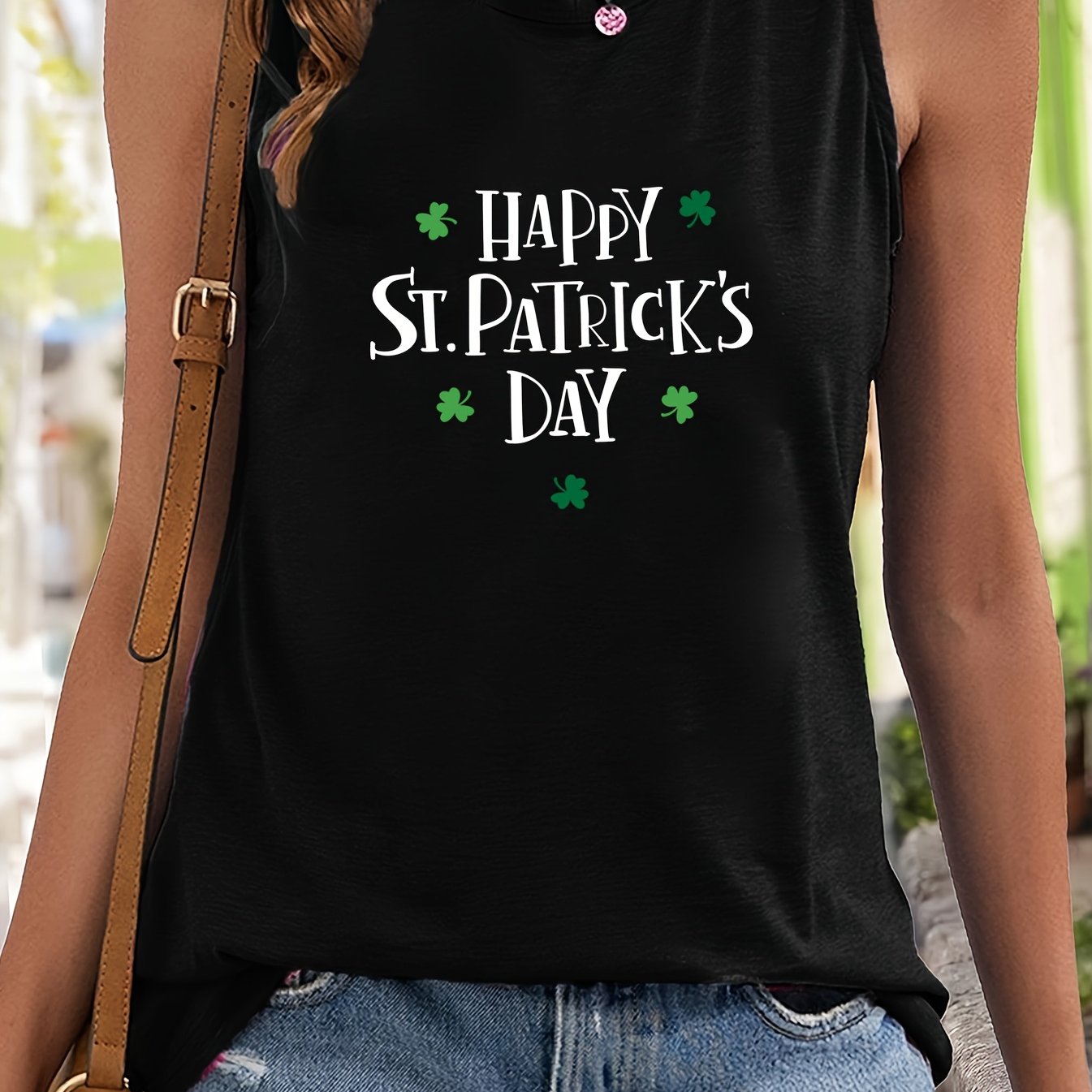 Leaf & Letter Print Sleeveless Sports Vest Round Neck Stretchy Casual Top