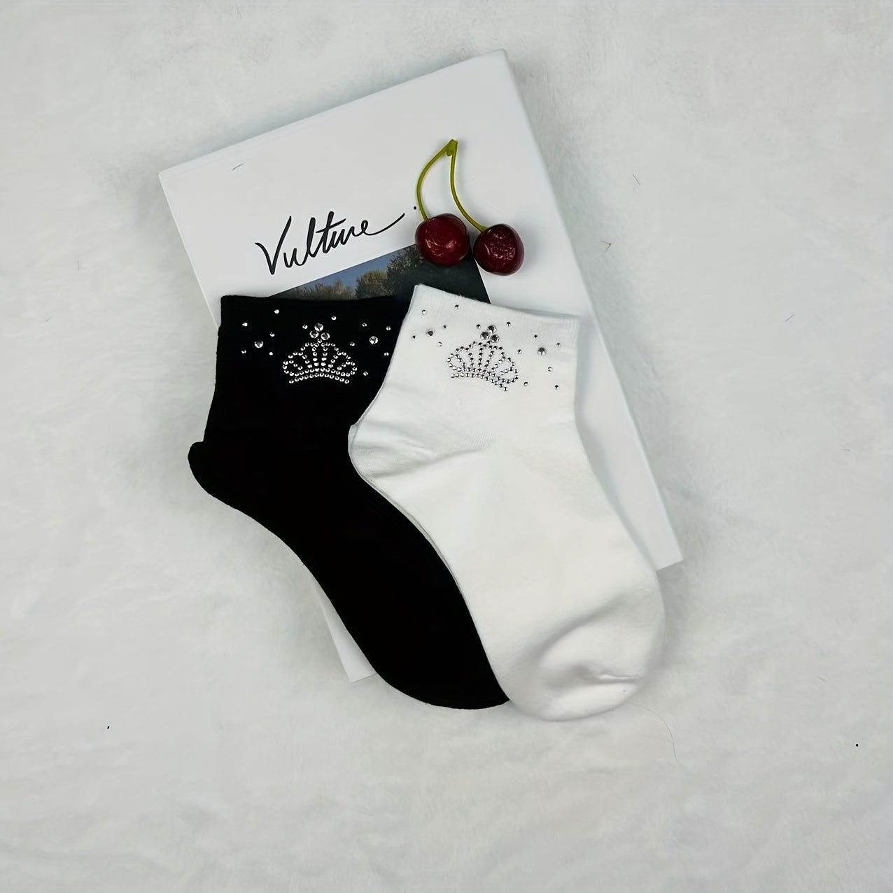 5 Pairs Crown Rhinestone Crew Short Socks Women's Stockings