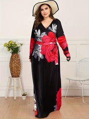 Casual Floral Print V Neck Maxi Dress With Belt