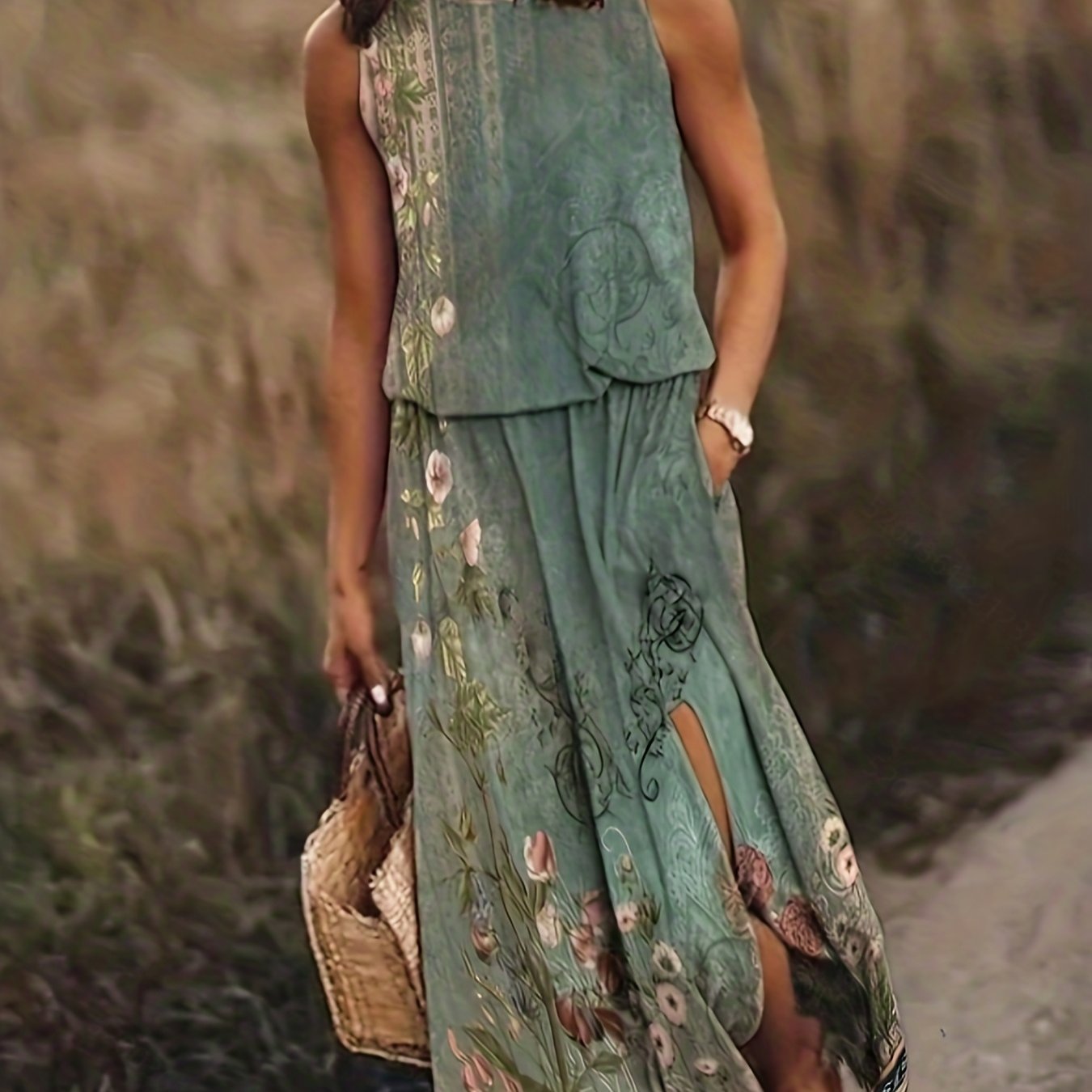 Floral Print Split Dress Vintage Cinched Waist Crew Neck Sleeveless Dress