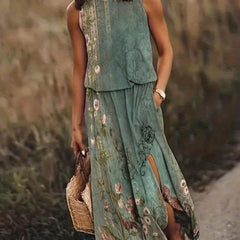 Floral Print Split Dress Vintage Cinched Waist Crew Neck Sleeveless Dress