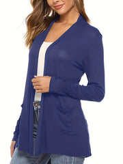 Solid Long Sleeve Open Front Cardigan With Pockets