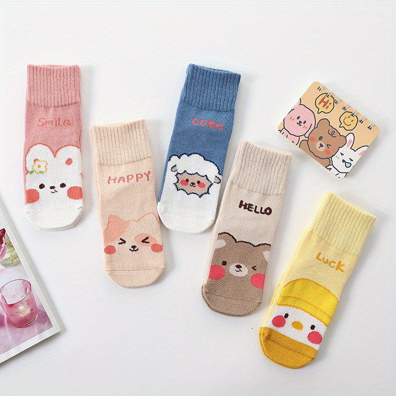5 Pairs Kids Cartoon Animal Pattern Socks, Breathable Crew Socks for All Seasons