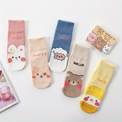 5 Pairs Kids Cartoon Animal Pattern Socks, Breathable Crew Socks for All Seasons