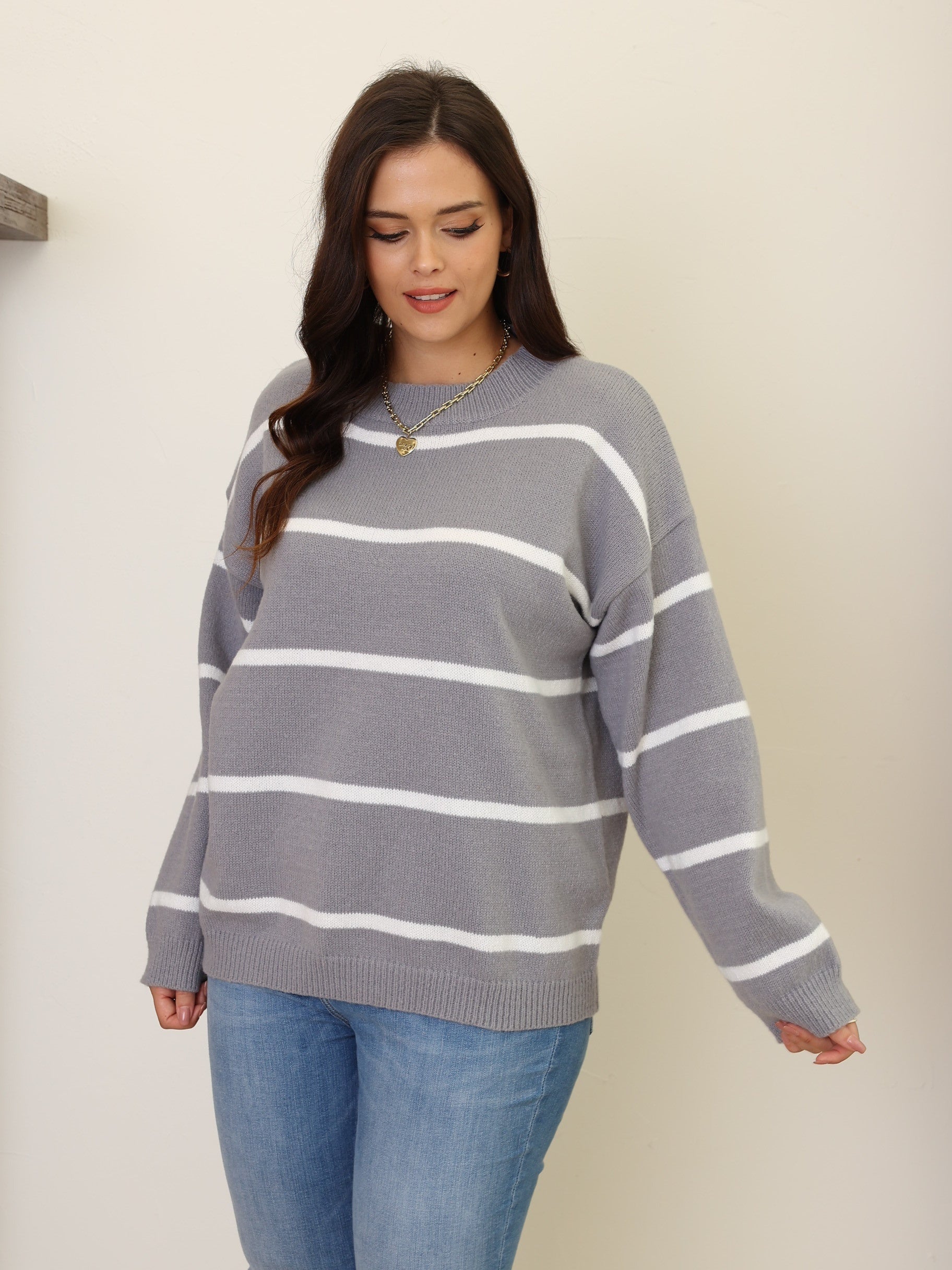 Casual Sweater Women's Plus Stripe Print Long Sleeve Round Neck Jumper