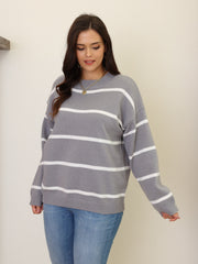 Casual Sweater Women's Plus Stripe Print Long Sleeve Round Neck Jumper