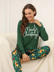 Elk Print Pajama Set Christmas Long Sleeve Crew Neck Top & Pants