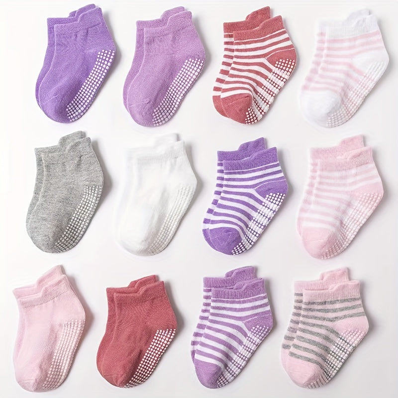 6 Pairs Baby Girl's Non Slip Socks Striped Bottom Rubber Dot Cotton Blend