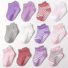 6 Pairs Baby Girl's Non Slip Socks Striped Bottom Rubber Dot Cotton Blend