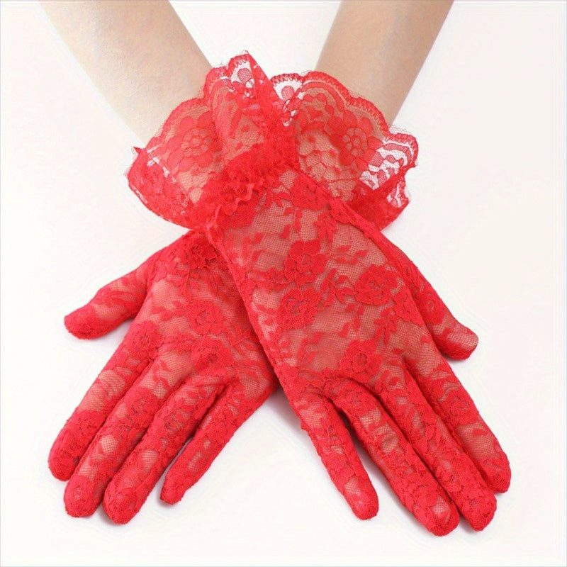 3 Pairs Women's Pink Floral Lace Wedding Gloves Long Sleeve Sun Protection