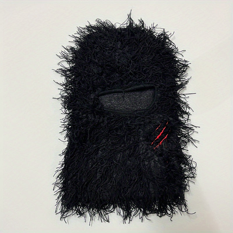 Y2K Fuzzy Balaclava Hat with Embroidered Pattern