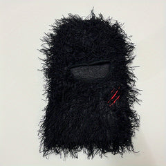 Y2K Fuzzy Balaclava Hat with Embroidered Pattern