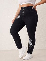 High Rise Skinny Jeans with Skull Rabbit Print