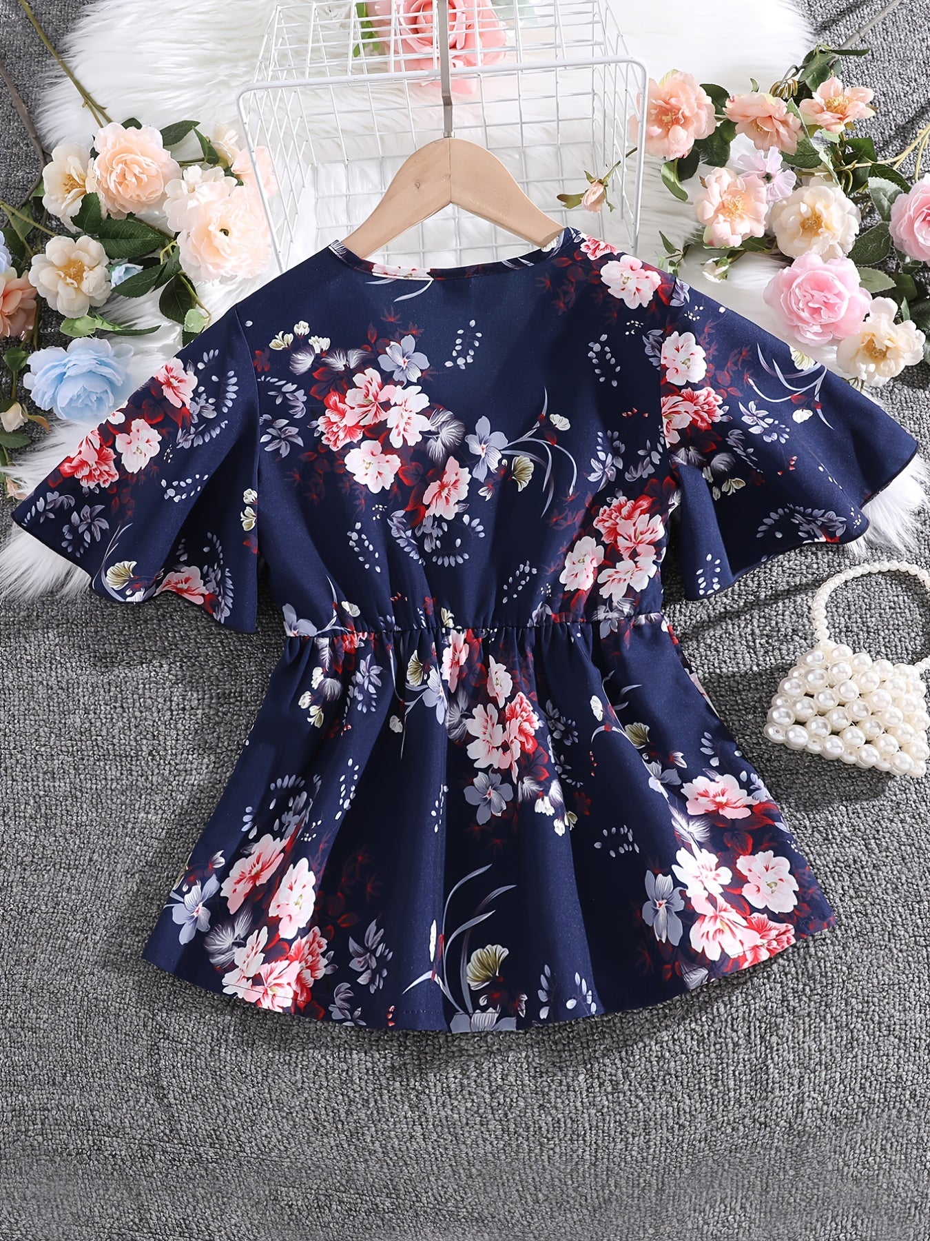 Girls Boho Floral Flounce Sleeve V Neck Tunic Blouse Tops Loose Fit