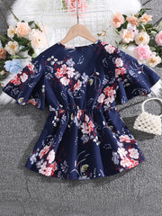 Girls Boho Floral Flounce Sleeve V Neck Tunic Blouse Tops Loose Fit