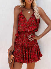 Leopard Print Ruffle Trim Cami Dress Casual V neck Spaghetti Strap Dress