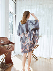 Crane Print Satin NightDress Batwing Sleeve Crew Neck Loose Pajama Dress Women's