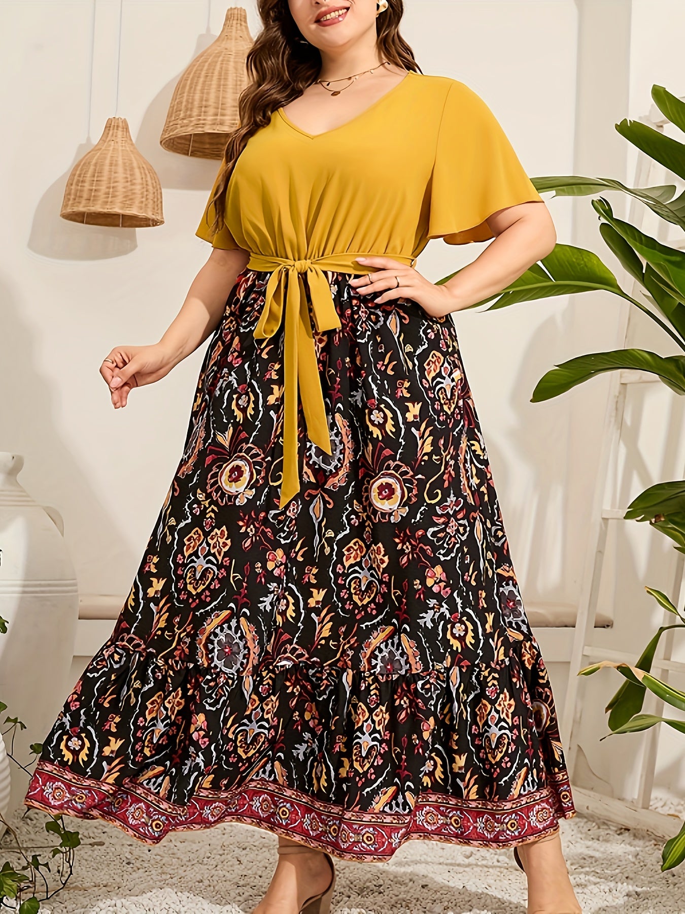Colorblock Floral Print Knot Front Maxi Dress