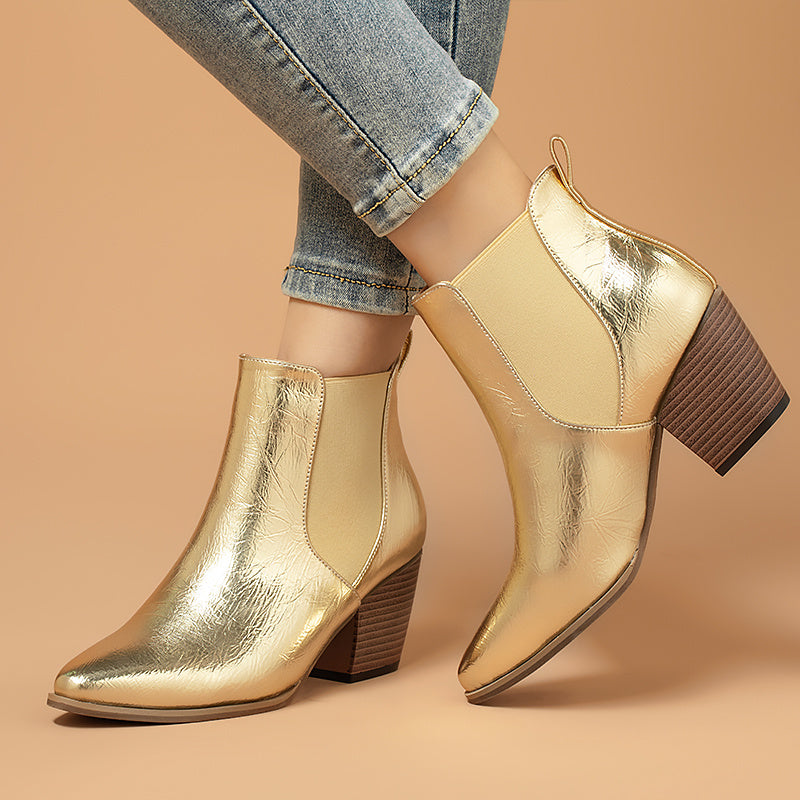 Women's Pointed Toe Ankle Boots Block Heel Faux Leather Shoes