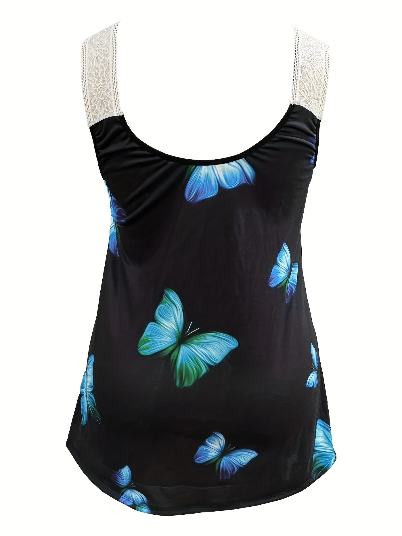 Butterfly Print Lace Panel Scoop Neck Tank Top
