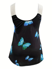 Butterfly Print Lace Panel Scoop Neck Tank Top